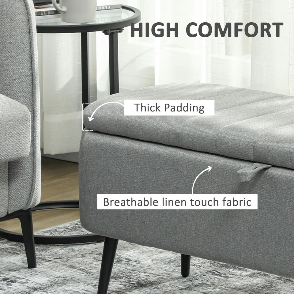 image 1 of HOMCOM Storage Ottoman Bench, Linen Fabric Footstool with Steel Legs Grey