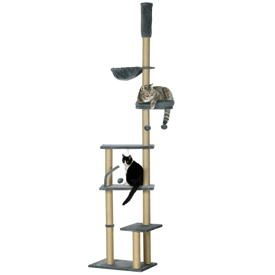 image 1 of PawHut Floor To Ceiling Cat Tree 6-Tier with Scratch Post Bed Hammock Grey