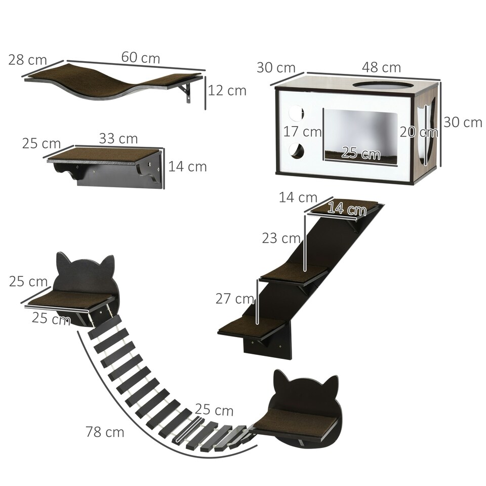 image 1 of PawHut Wall-Mounted Cat Tree, 5 Piece Cat Wall Shelves with House, Brown