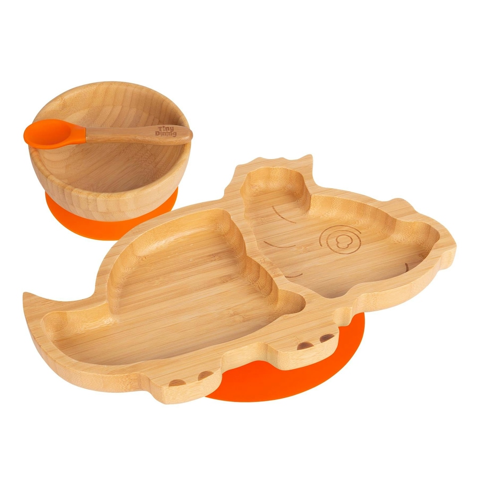 image 1 of Tiny Dining Children's Bamboo Suction Dinosaur Plate - Orange Orange