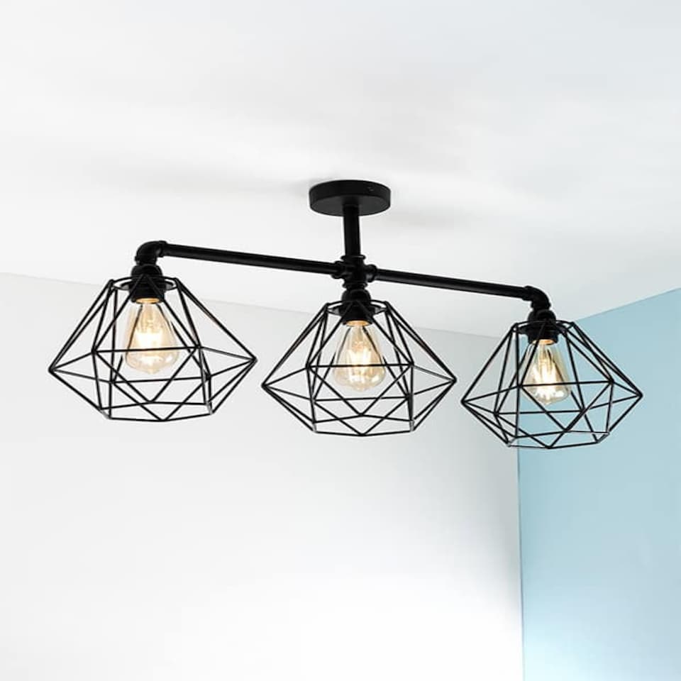 image 1 of ValueLights Luiggi Black 3 Way Bar Pipework Ceiling Light & Bulbs | Black