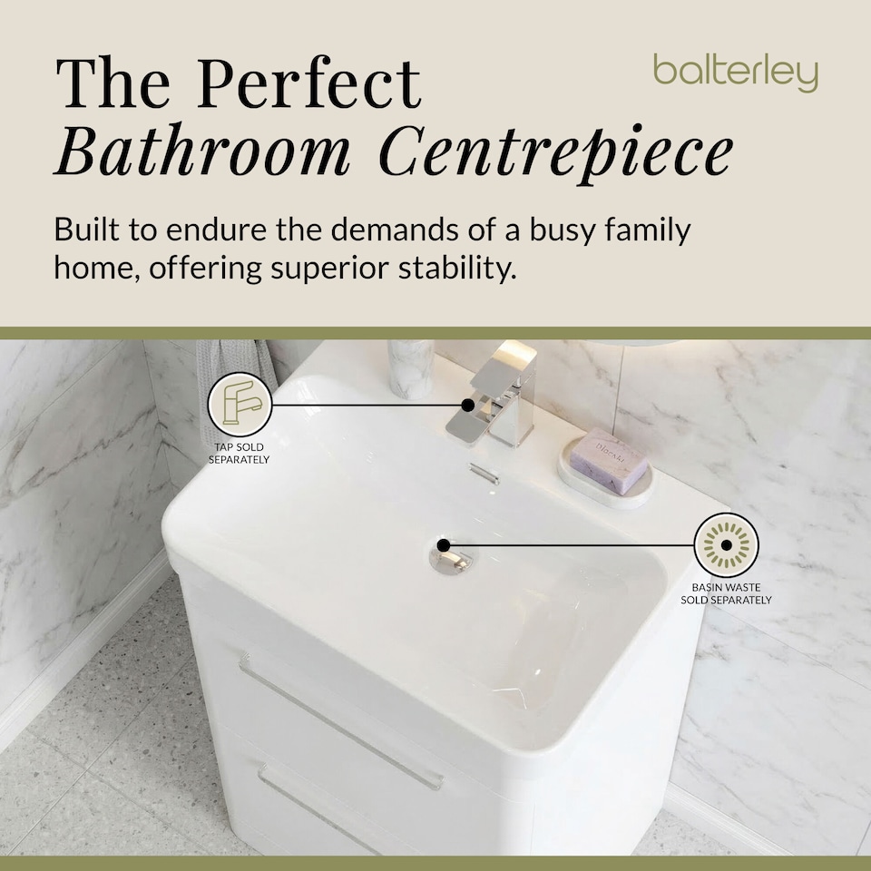 image 1 of Balterley Wall Hung 2 Drawer Vanity Unit with Ceramic Basin | White | Pure White | 562 x 607 x 460mm