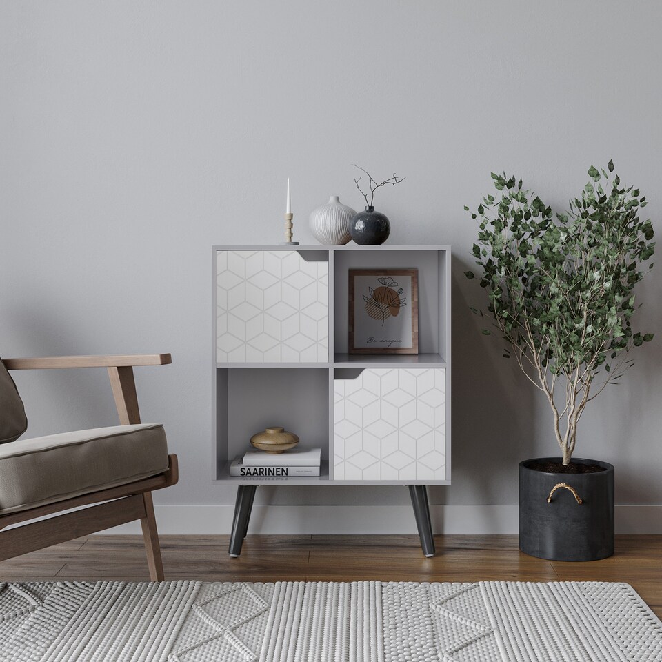image 1 of Grey 4-Cube Storage Unit with 2 Geo Doors and Legs | White | White & Black | 1