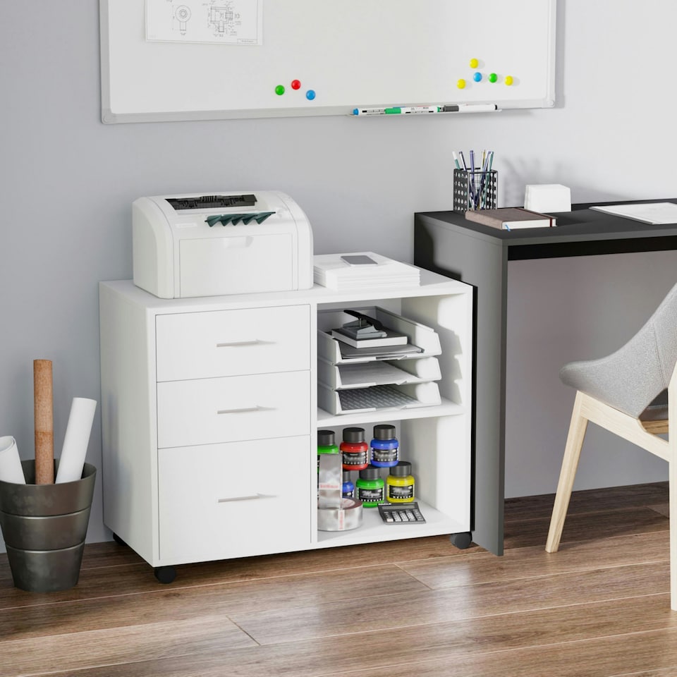 image 1 of HOMCOM Freestanding Storage Cabinet w/ 3 Drawers 2 Shelves 4 Wheels Office White