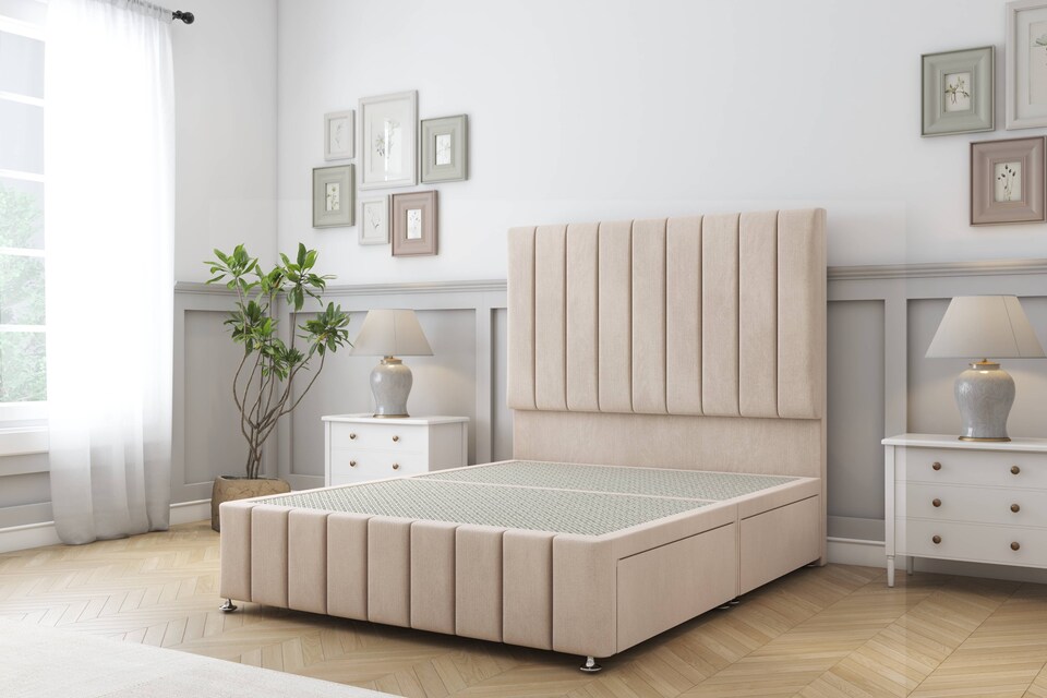 image 1 of Sloomy California Sand Naples Divan Bed Base 2 Drawers Right Side With 54 Inch Floor Standing Headboard & 12 Inch Matching Footboard | Cream | Sand | Small Single | 1