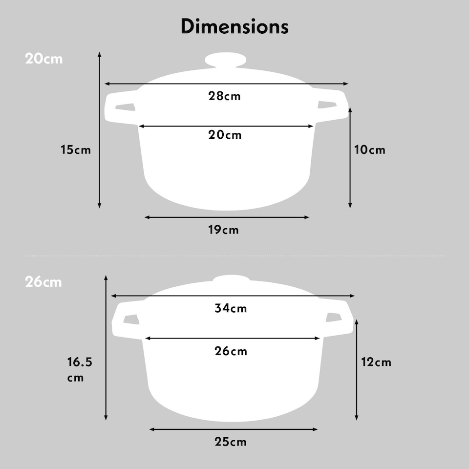 image 1 of Cooks Professional Cast Iron Casserole Set of 2 | 20cm and 26cm | Enamelled Inside and Out | Graduated Grey