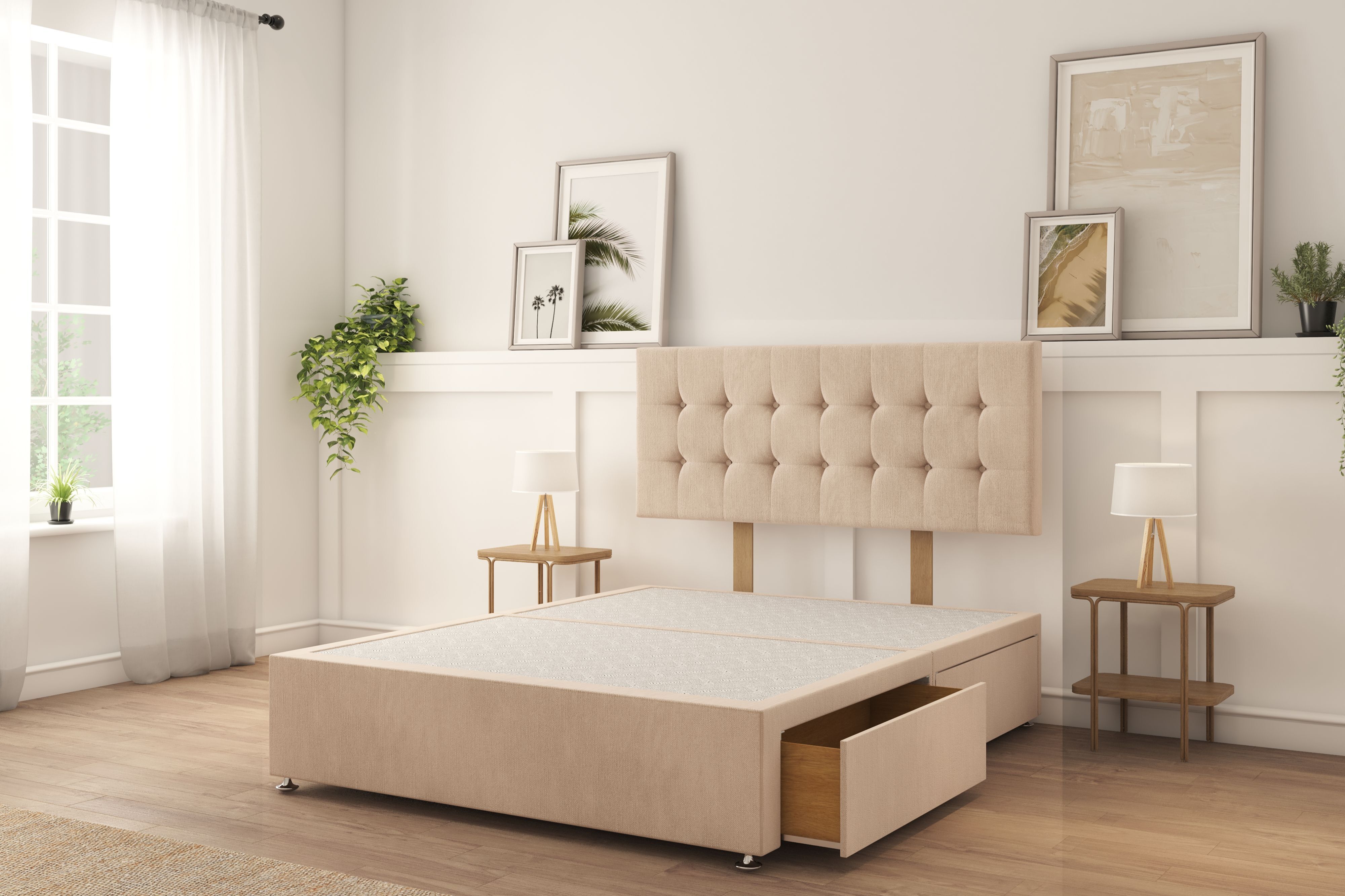 Sloomy Alabama Sand Naples Divan Bed Base 2 Drawers Foot-End With 26" Strutted Headboard 4'6 Double