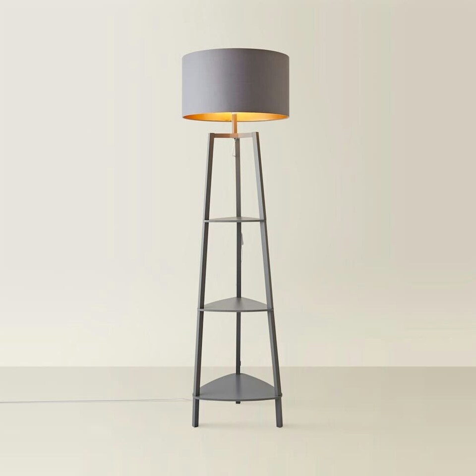 image 1 of ValueLights Grey Wooden 3 Tier Floor Standard Lamp with Storage Shelves- Grey/Copper Shade + LED Bulb | Grey