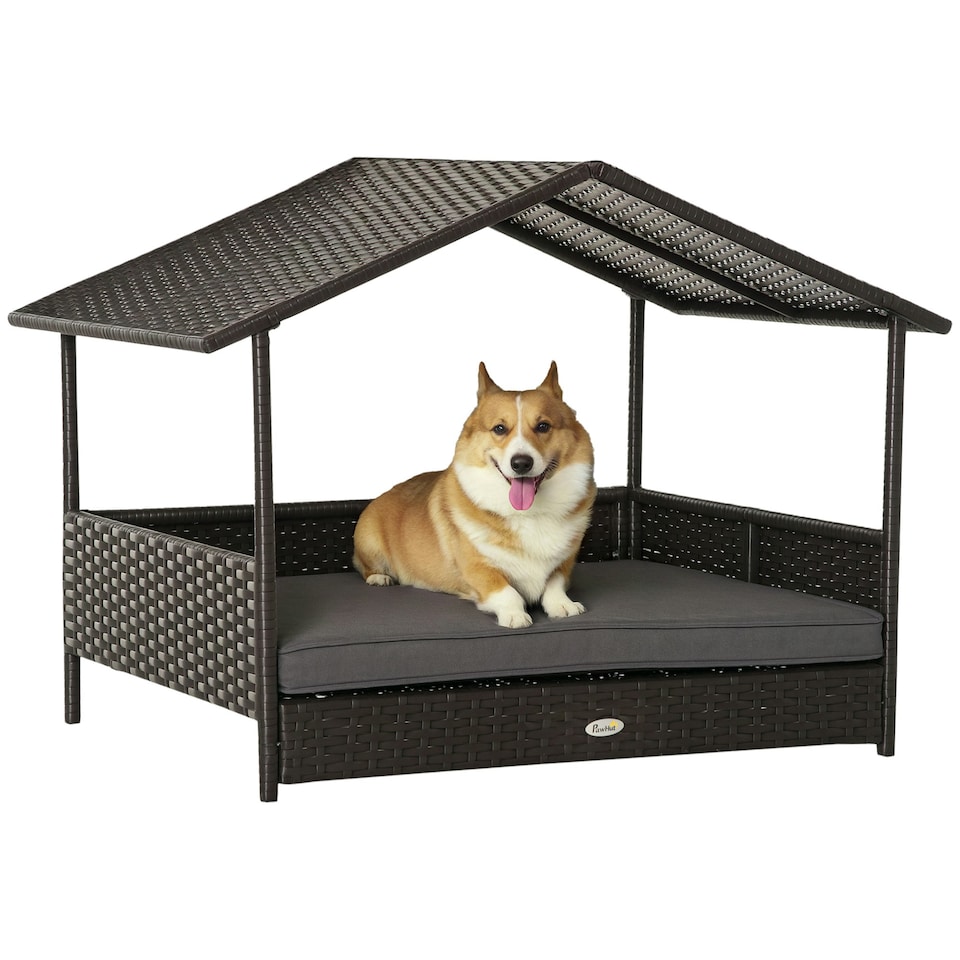 image 1 of PawHut Wicker Dog House, Rattan Pet Bed with Soft Cushion, Cat Basket - Grey