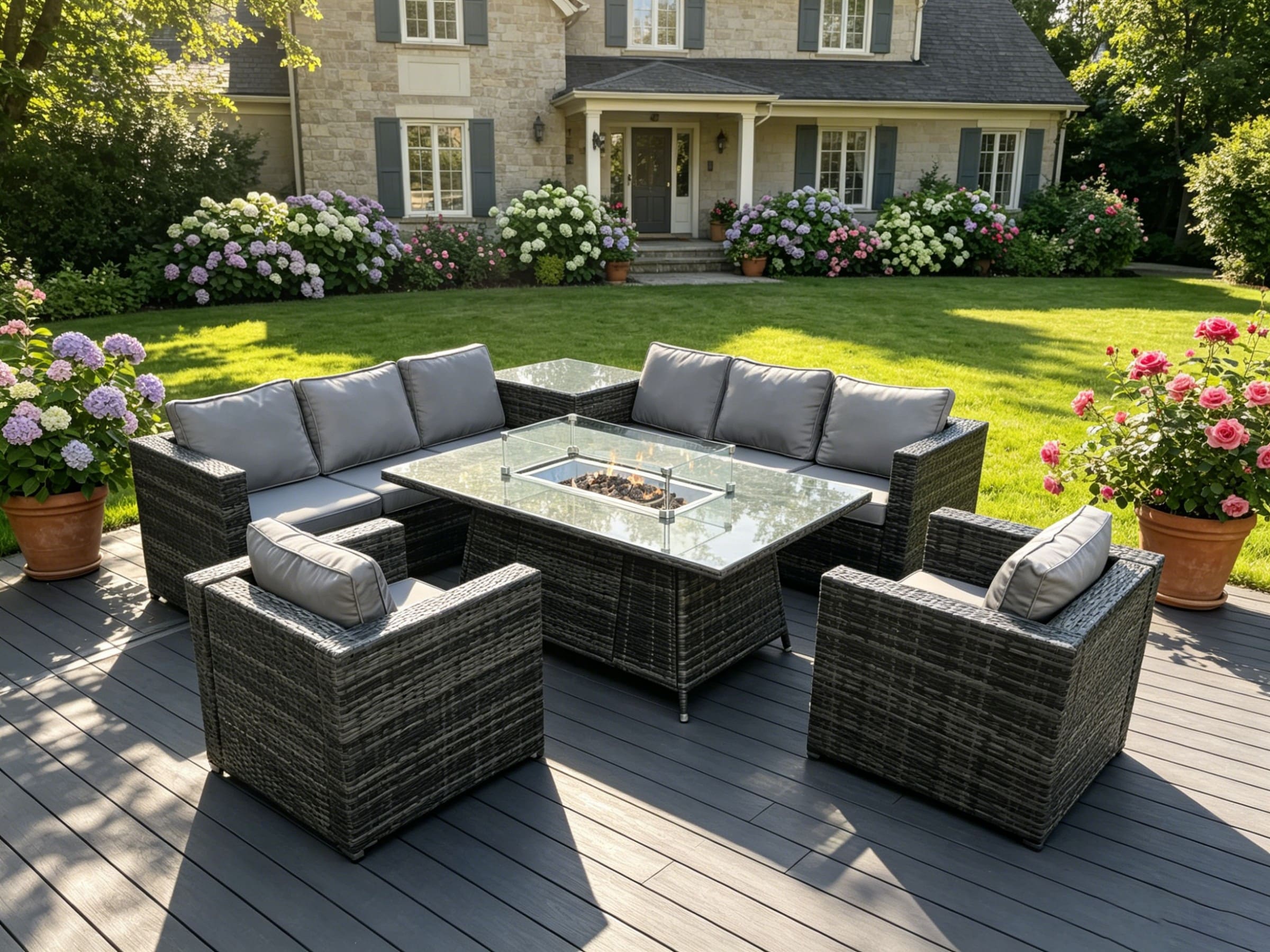 Fimous Outdoor Rattan Garden Corner Furniture Gas Fire Pit Dining Table Gas Heater Sets Lounge Chairs Side Table Dark Grey 8 Seater
