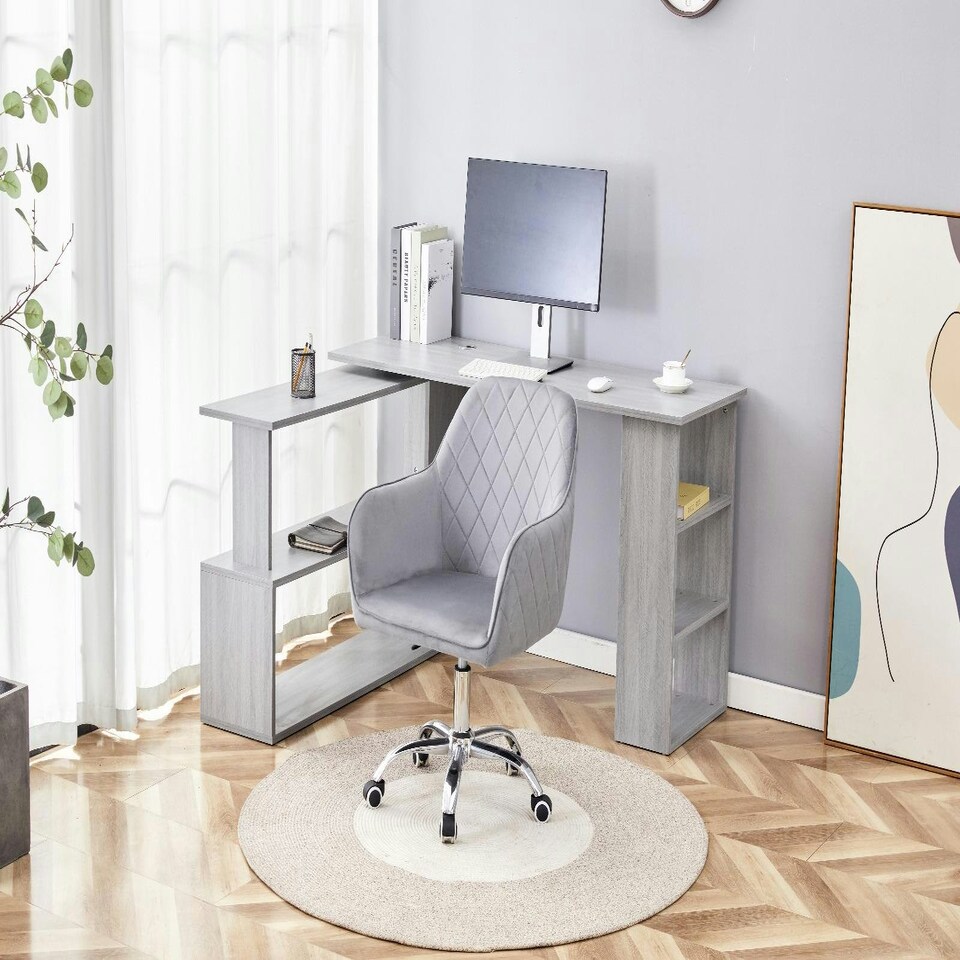 image 1 of Grey Office Desk L-shaped with Grey Velvet Upholstered Chair Wooden Room Furniture Grey