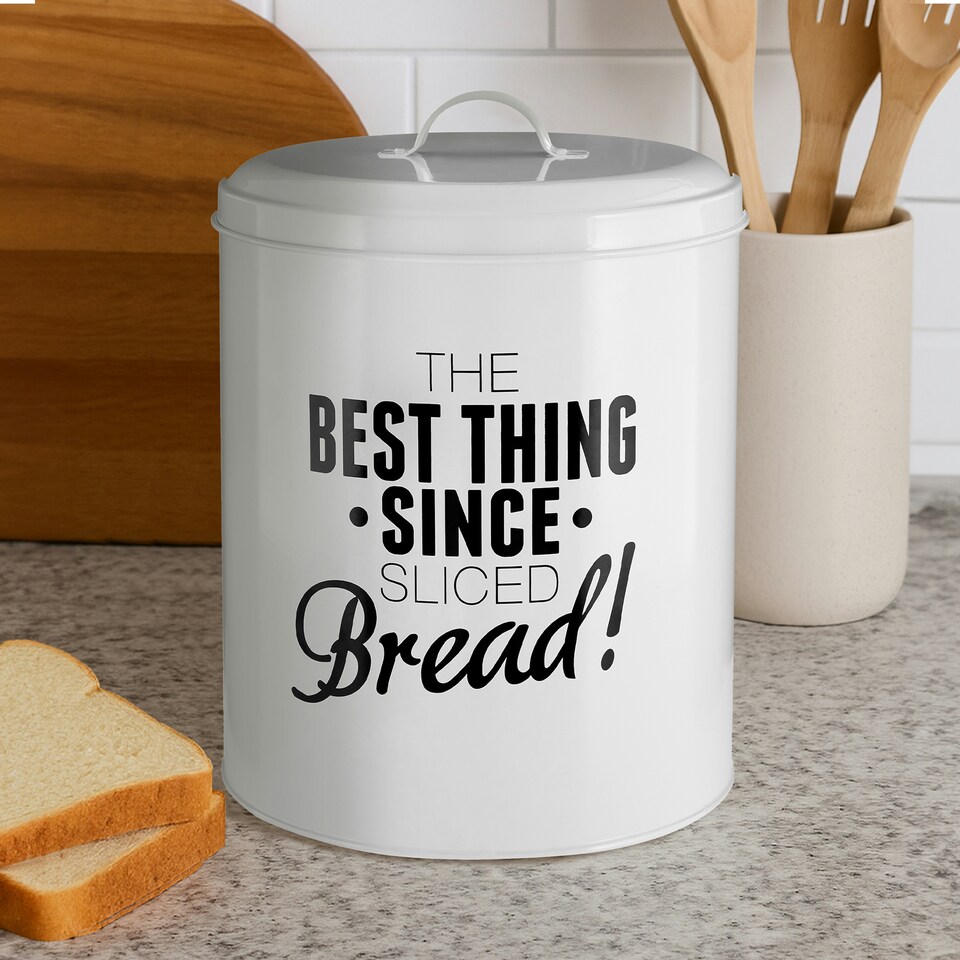 image 1 of Interiors by Premier Bread Bin, Large Metal Storage Bin With Humorous Print And Lid, Ideal For Keeping Bread Fresh