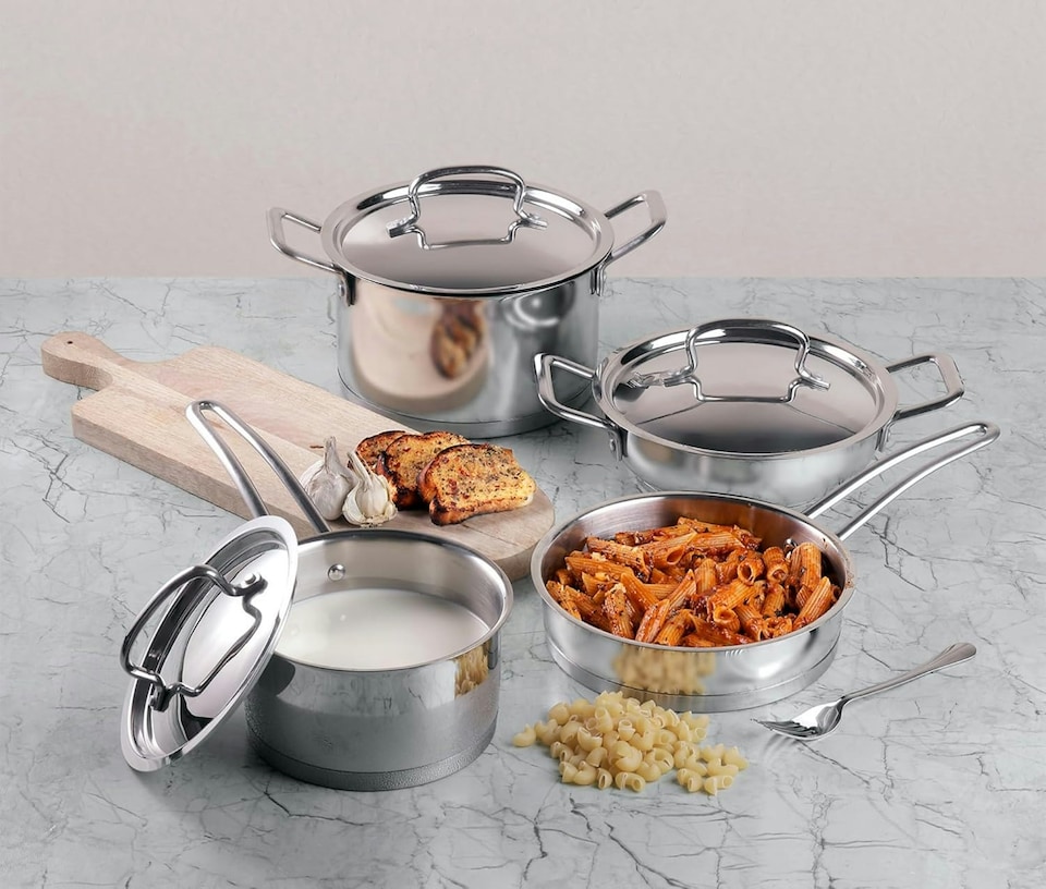 image 1 of Vinod Classic Deluxe Stainless Steel Cookware Set, 4 Pc | 2.1 Litre Saucepan, 2.7 Litre Saucepot, 1.8 Litre Kadai with Lid & 20 cm Frypan