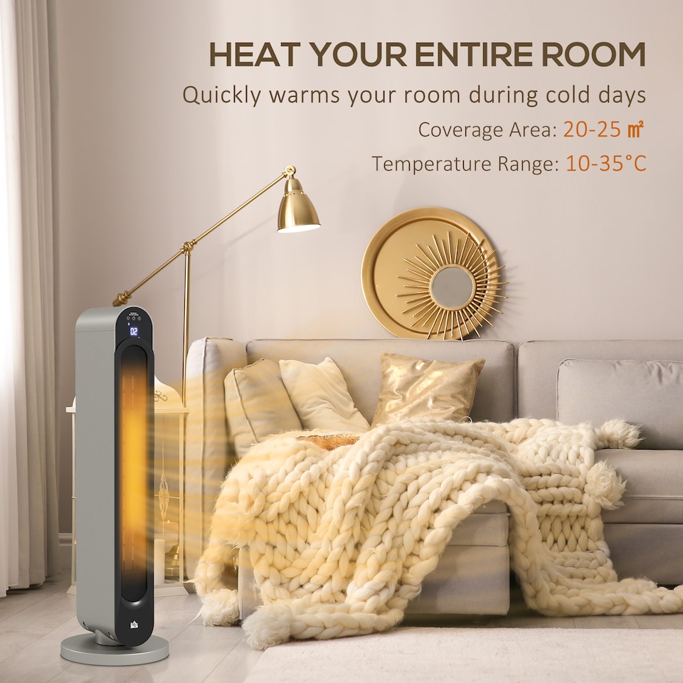 image 1 of HOMCOM 30 Inch Electric Heater with Fan, 2200W Ceramic Tower Heater with Remote Control, 45 Oscillation 12-Hour Timer, Energy Efficient, Overheat Tip Over Protection for Home, Silver Tone