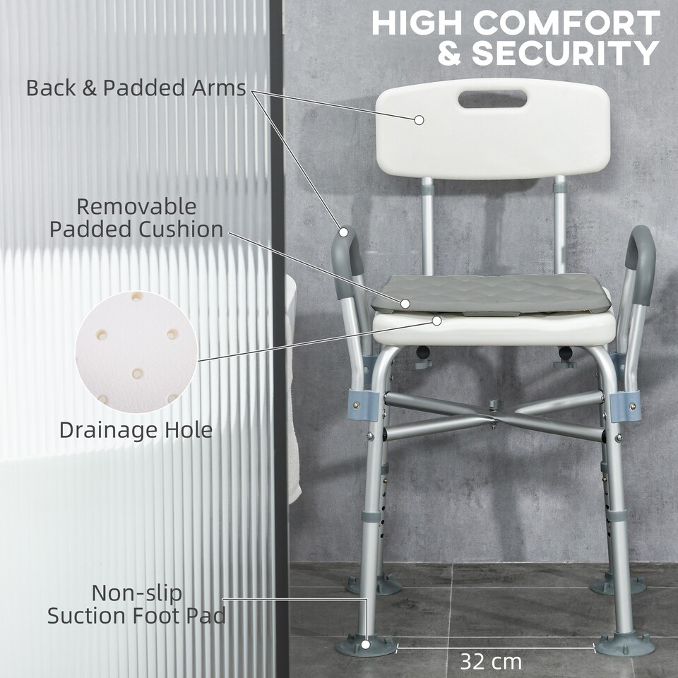 image 1 of HOMCOM Aluminium Shower Chair with Backs and Arms, Height Adjustable Shower Seat with Removable Padded Cushion, Bath Stool for Seniors, Disabled, Pregnant, White