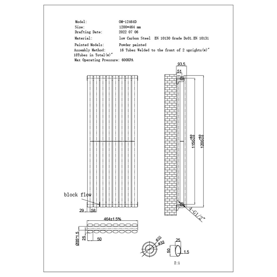 image 1 of Omeara - White Vertical Radiator H1200mm x W464mm Double Panel