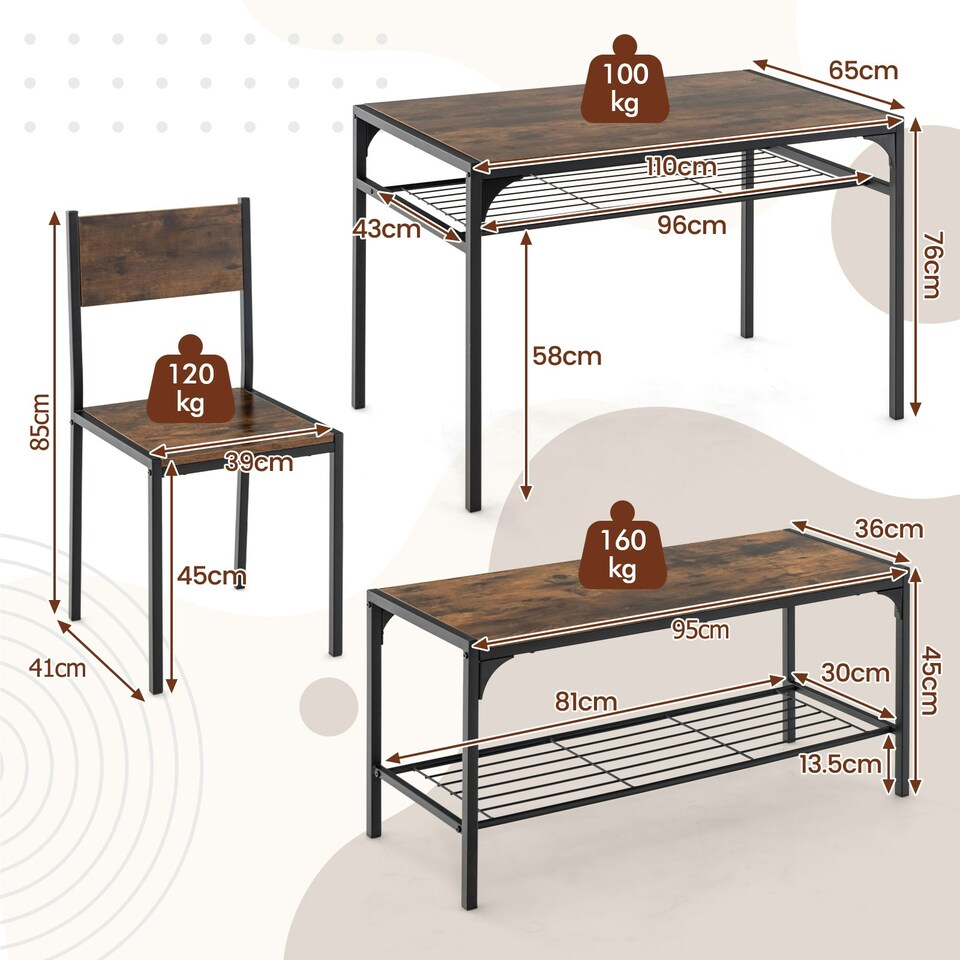 image 1 of COSTWAY 4-piece Dining Set Table with Chairs & Bench Brown Brown
