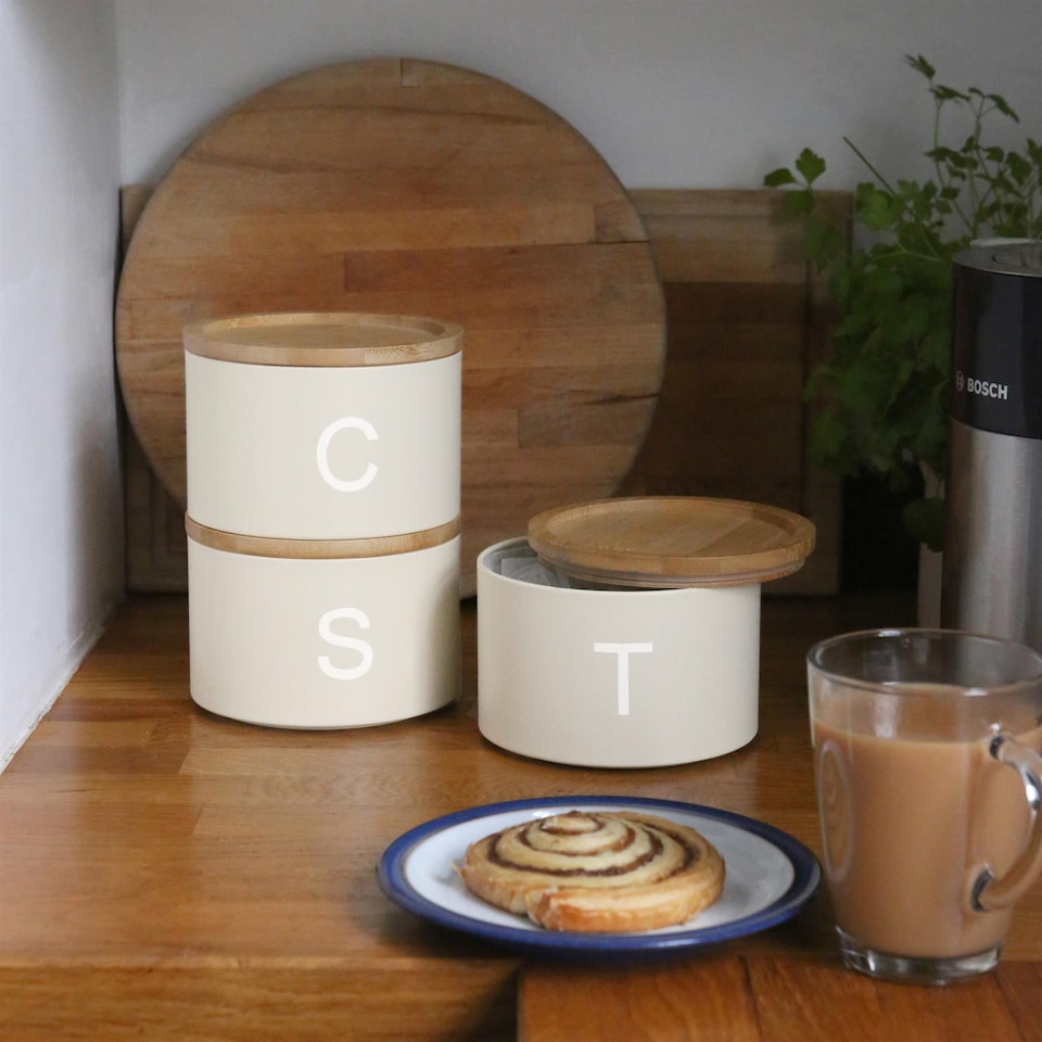 image 1 of Harbour Housewares 3pc Stacking Tea Coffee Sugar Canister Set with Bamboo Lids - Cream
