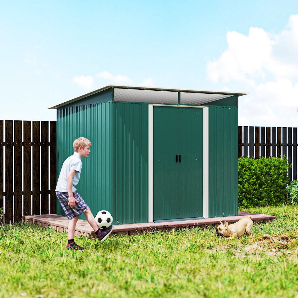 image 1 of Outsunny 8.5 x 6ft Metal Shed with Lightsky Panels, Garden Storage Tool House with Double Doors for Garden, Patio and Lawn, Green