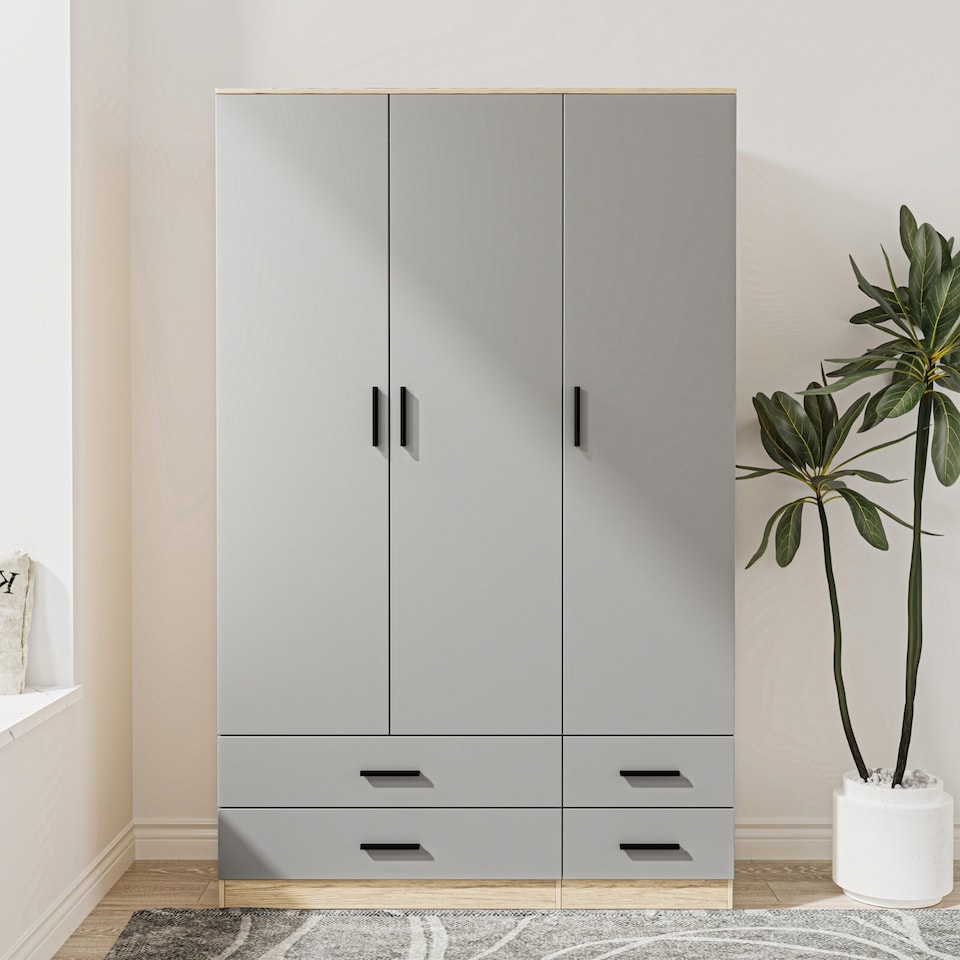 image 1 of 3 Door 4 Drawer Wardrobe With Hanging Rail And Storage Shelf | Brown | Oak Carcass & Grey Door | 1