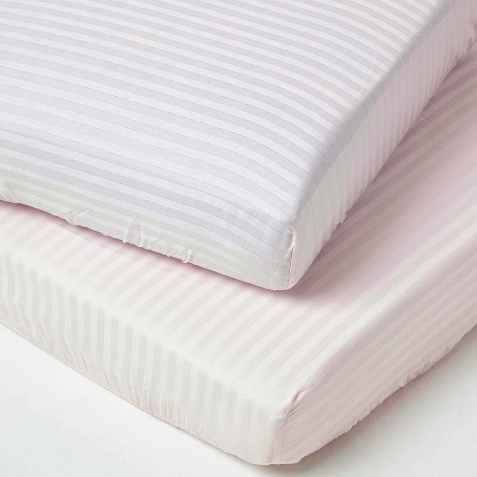 image 1 of Homescapes Pink Cotton Stripe Fitted Cot Sheets 330 Thread Count, 2 Pack | Pink | One Size