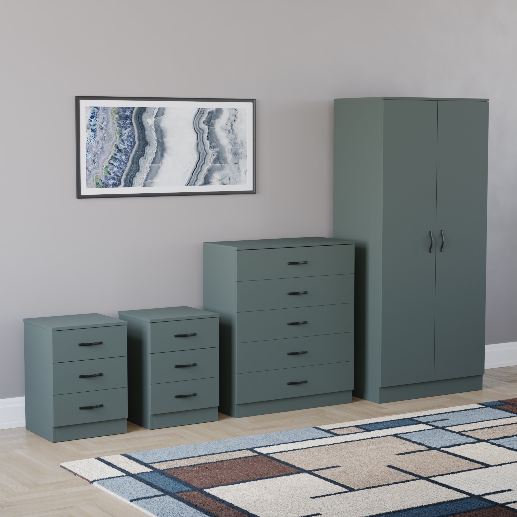 Vida Designs Riano 4 Piece Bedroom Set (2x 3 Drawer Bedside Chest, 5 Drawer Chest, 2 Door Wardrobe) - Green