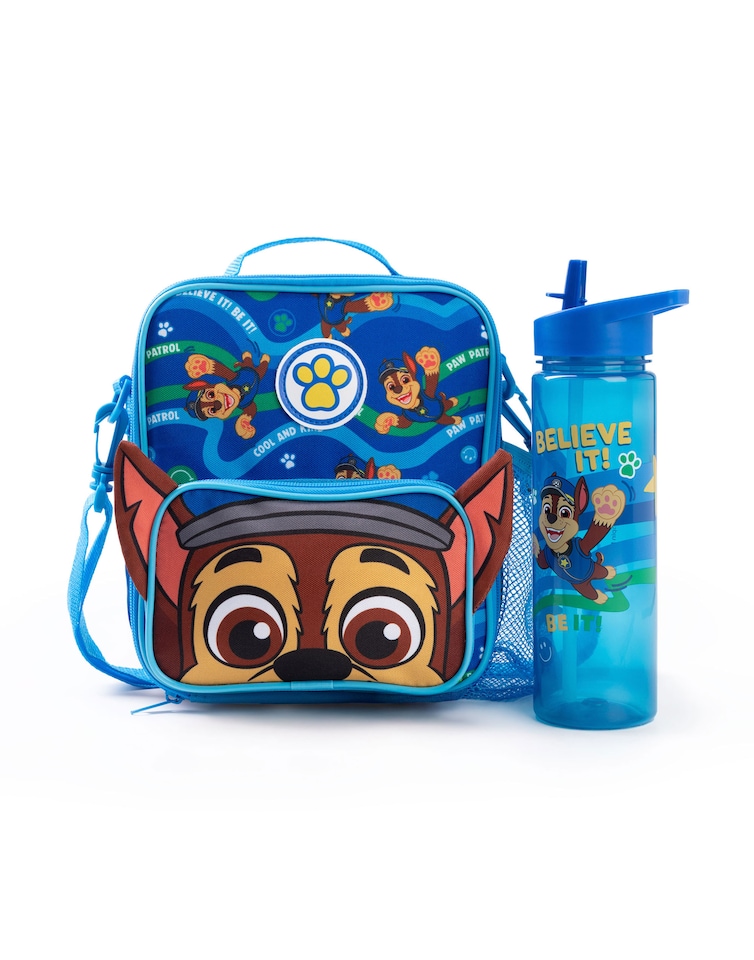 image 1 of Paw Patrol Chase Blue Lunch Bag and Bottle Set | Believe in it Cartoon Inspired Lunch Carrier | Adjustable Strap Easy Carry | Back to School Essential for Kids | Boys Paw Patrol Merch