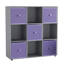 9 Cube Wooden Bookcase Shelving Unit with 5 Collapsible Fabric Drawers | Multi | Grey & Lilac | 1