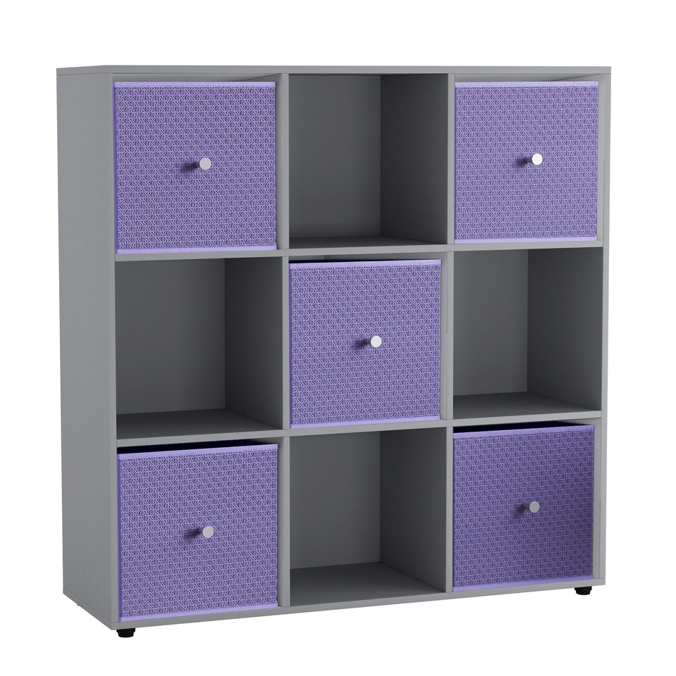 image 1 of 9 Cube Wooden Bookcase Shelving Unit with 5 Collapsible Fabric Drawers | Multi | Grey & Lilac | 1
