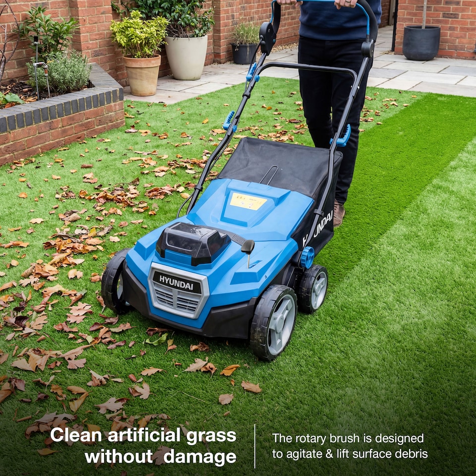 image 1 of Hyundai Cordless Artificial Grass Sweeper Brush 38cm / 15 Inch Battery Powered 40V (2x20V) Brushless, 45L Collection Bag HY40CSW38