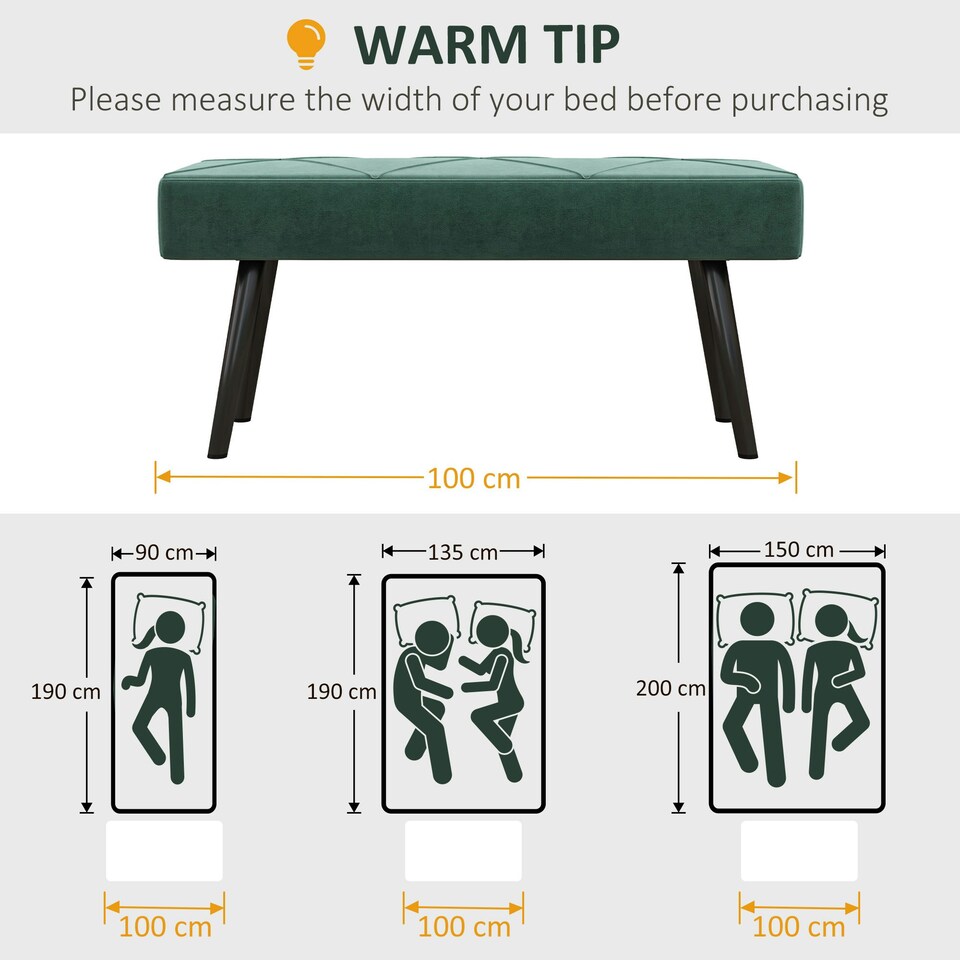 image 1 of HOMCOM End of Bed Bench, Upholstered Hallway Bedroom with Steel Legs, Green