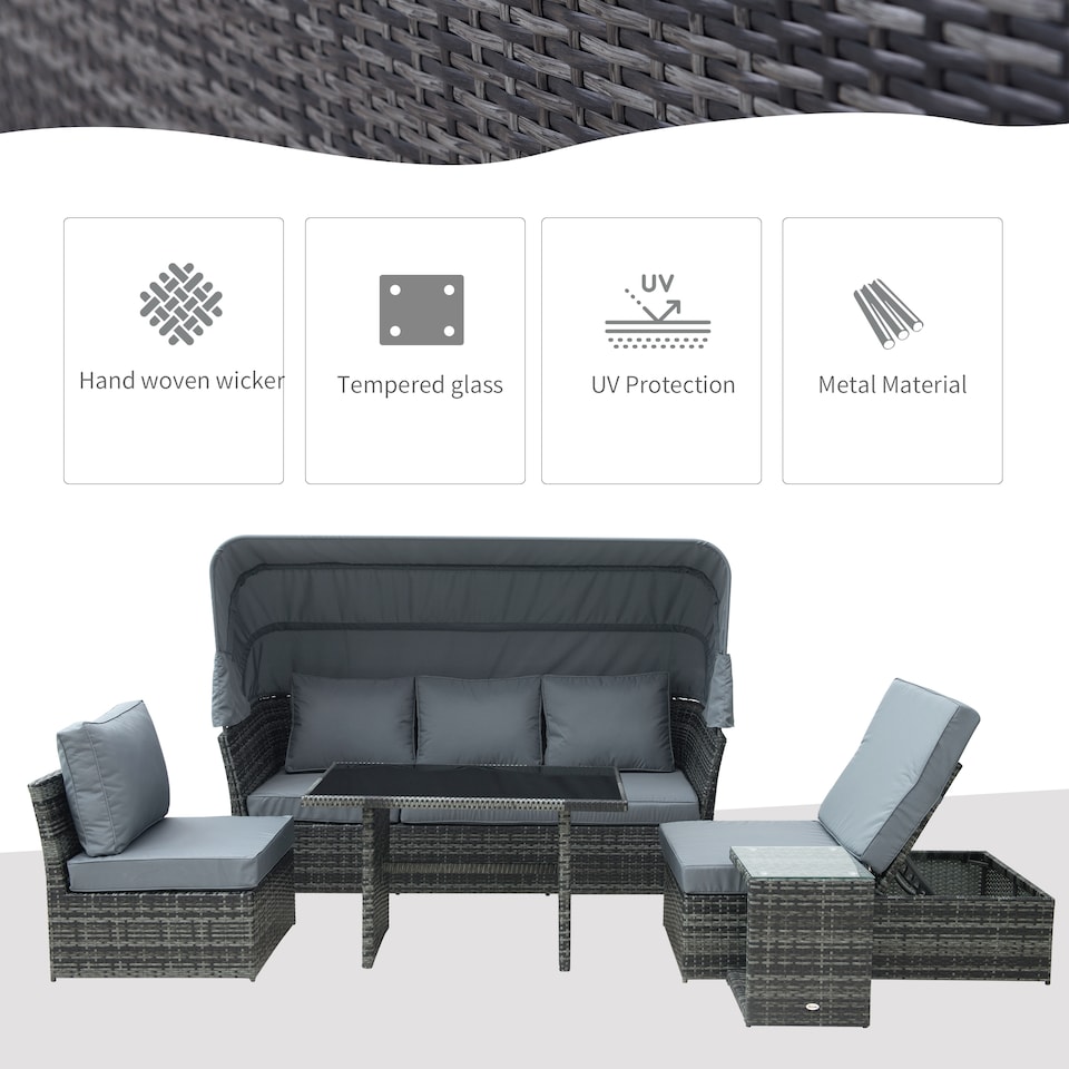 image 1 of Outsunny 5 PCS Outdoor Rattan Wicker Sofa Sets Reclining Sofa Adjustable Canopy & Side Table Dining Table Set Sectional Conversation Furniture w/ Cushions, Mixed Grey