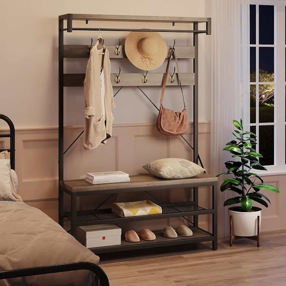 image 1 of London Boutique Hall Tree with Bench & 2-Tier Shoe Rack 102x40x183cm