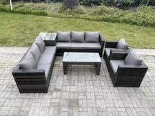Fimous 8 Seater Rattan Corner Sofa Set With Square Side Table And Oblong Rectangular Coffee Tea Table 2 PC Arm Chair Dark Grey Mixed