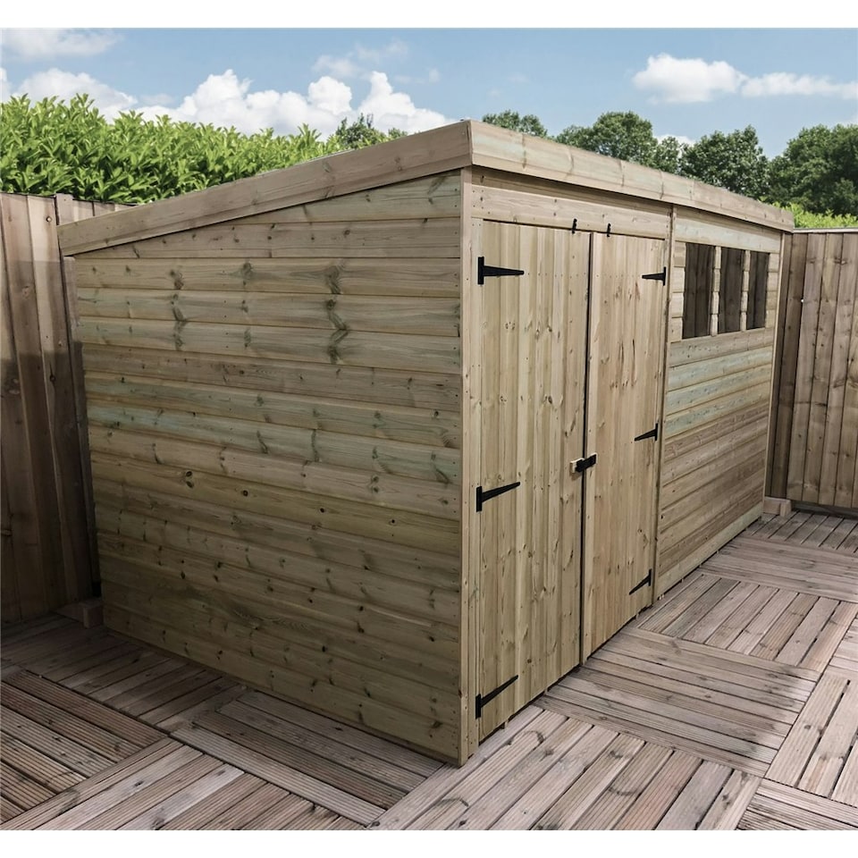 image 1 of 14 x 3 Garden Shed Pressure Treated T&G PENT Wooden Garden Shed - 3 Windows + Double Doors (14' x 3' / 14ft x 3ft) (14x3)
