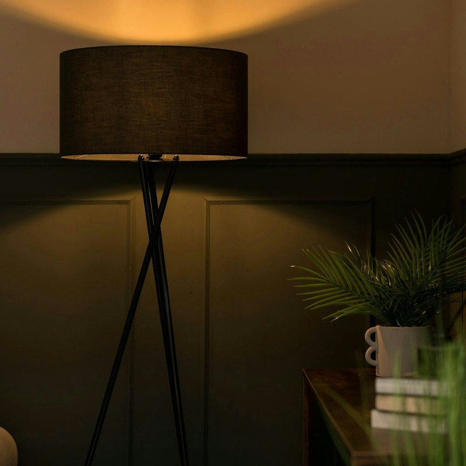 image 1 of ValueLights Camden Black Tripod Floor Lamp Charcoal Shade & Bulb Grey