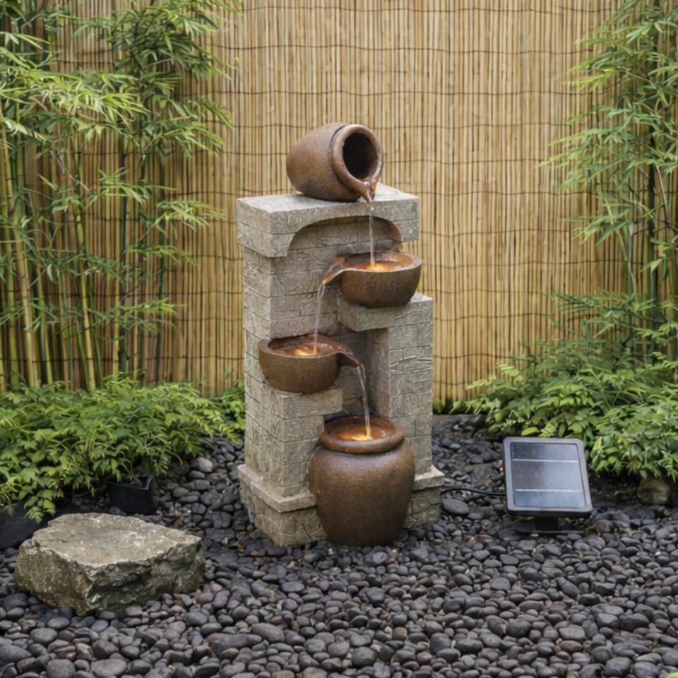 image 1 of Teamson Home Solar-Powered 4-Tier Stone-Look Water Feature Fountain with LED Lights