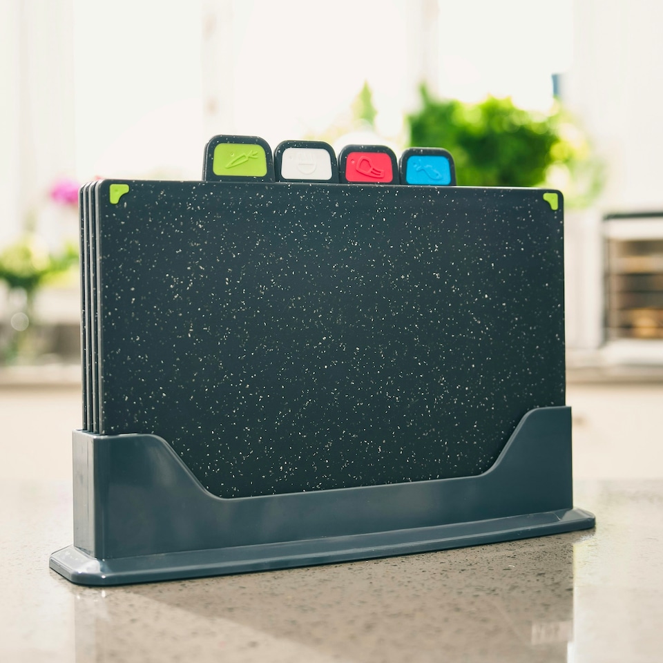 image 1 of Cooks Professional Set of 4 Index Chopping Boards with Stand & Coloured Tabs