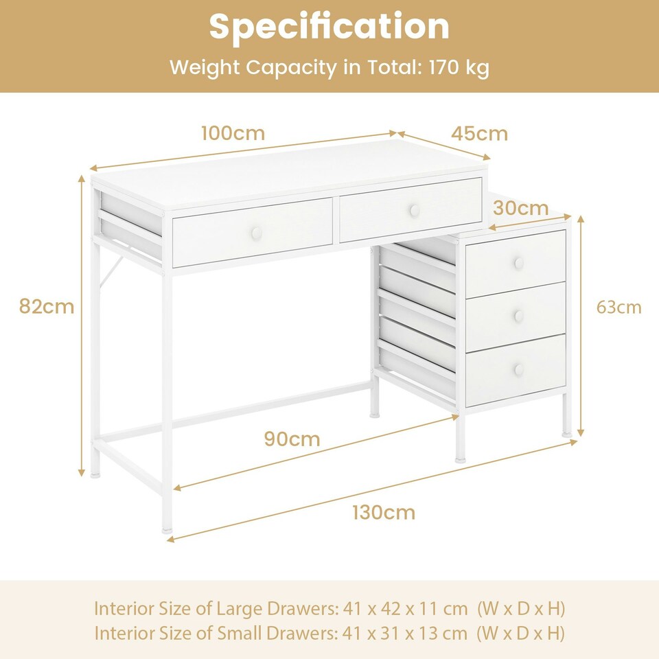 image 1 of COSTWAY Computer Desk with 5 Drawers and Side File Cabinet White White