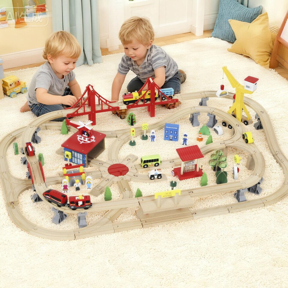 image 1 of AIYAPLAY Wooden Train Set, 133 Piece Train Track for Kids, Boys and Girls Ages 3+ Years Old, Wooden Magnetic Railway Toys with Crane, Storage Box