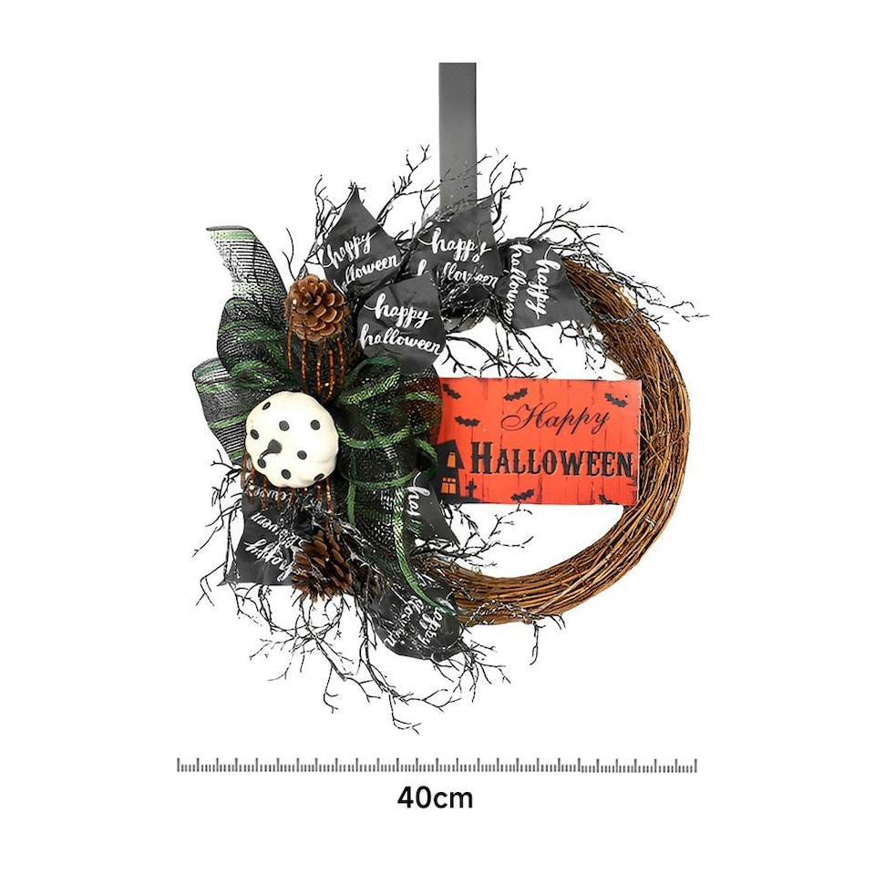 image 1 of Living and Home Halloween Rattan Wreath with Silk Bows - 40cm