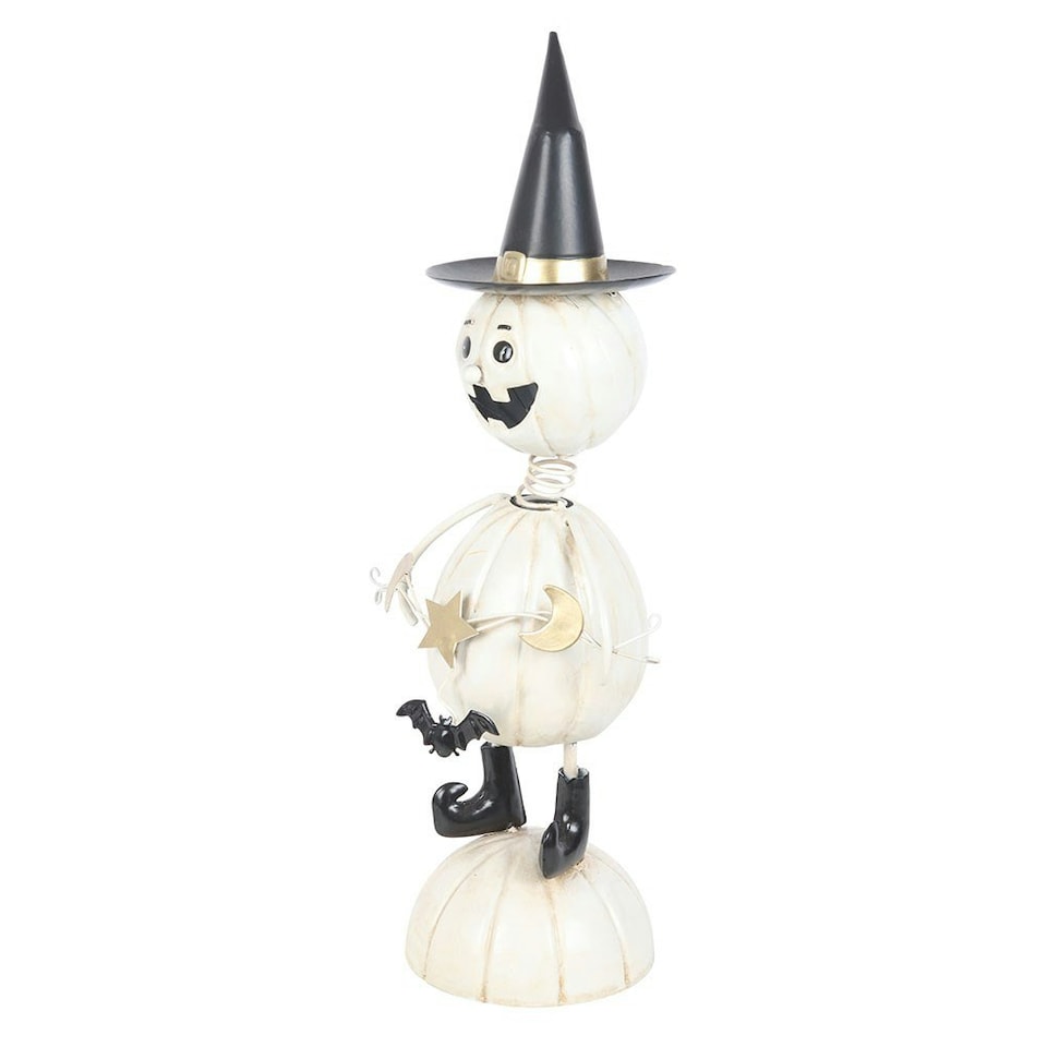 image 1 of White Metal Pumpkin Man Halloween Ornament with Witch Hat