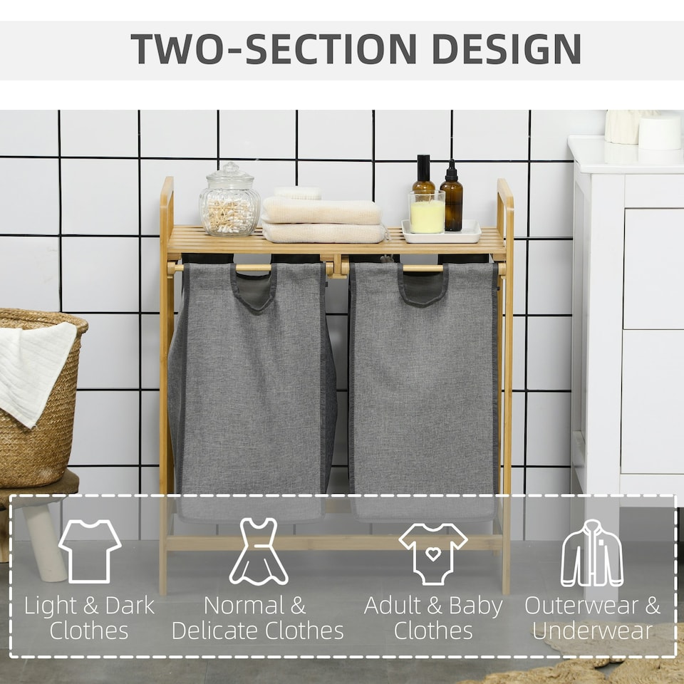 image 1 of HOMCOM Bamboo Laundry Basket with Shelf Pull-out Bags for Bedroom Laundry Room