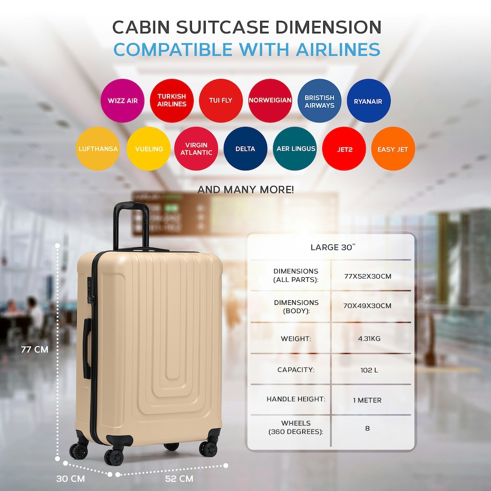 image 1 of Flight Knight Premium Lightweight Suitcase - Built-in Side Lock - 8 Spinner Wheels - ABS Hard Shell Carry On Or Check in Luggage - 100 Airlines Approved Cream | Champagne | Large