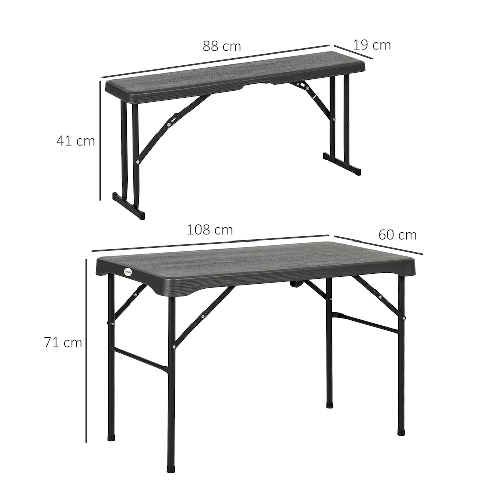 image 1 of Outsunny Folding Picnic Table with 2 Benches, 3Piece Portable Garden Furniture Set for 4, Dining Table Set with Plastic Top, Steel Frame, Dark Grey | Grey | 1