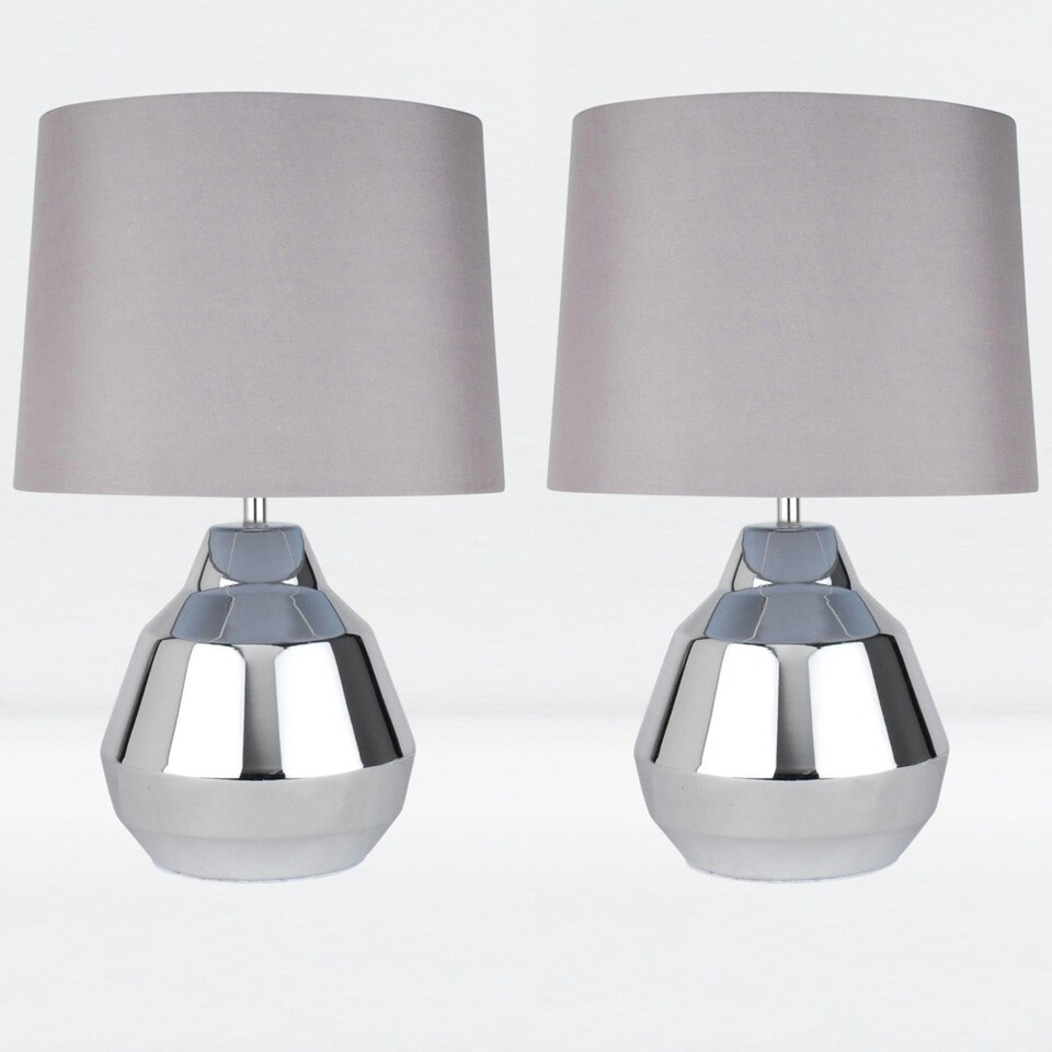 image 1 of First Choice Lighting Pair of Polished Chrome 39cm Touch Lamps with Grey Shades Chrome | Grey