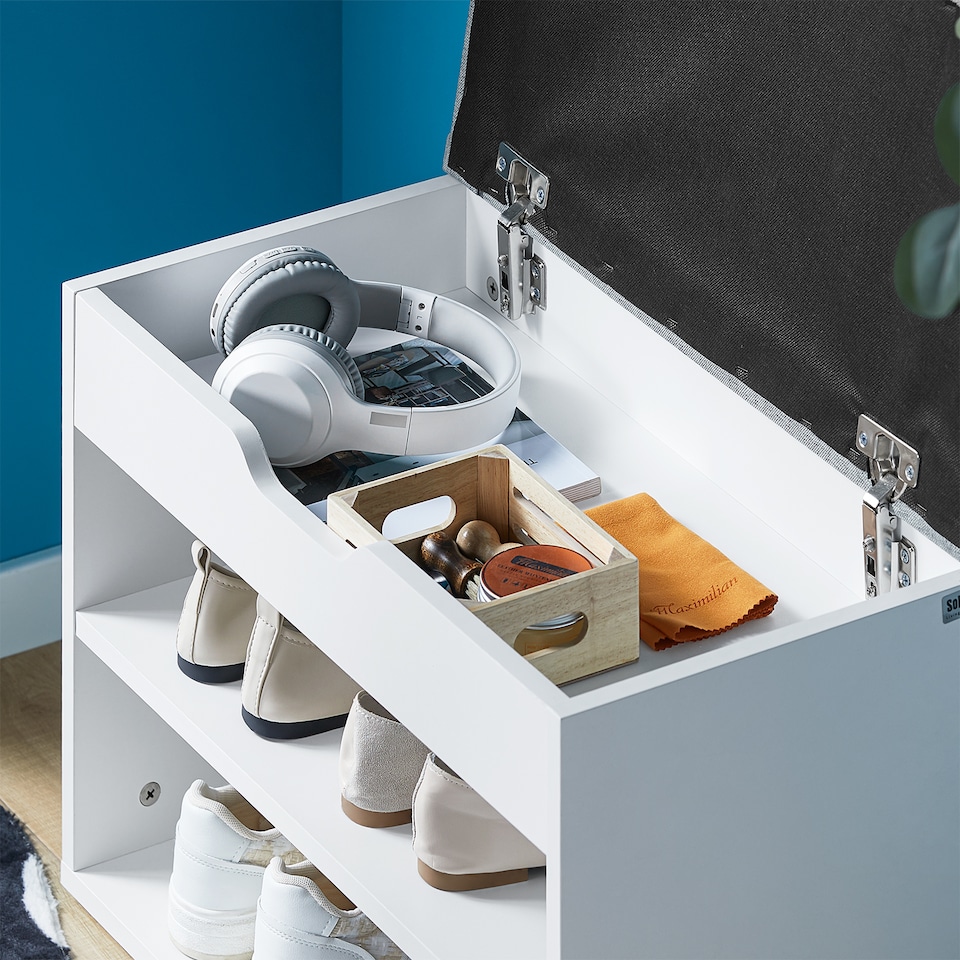 image 1 of SoBuy Shoe Storage Bench with Padded Seat, 2-Tier Shoe Rack, White/Grey, 23.6x11.8x16.9 in, 13 kg - FSR25-HG