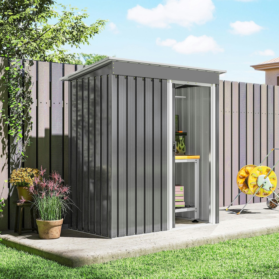 image 1 of Outsunny 5 x 3ft Garden Storage Shed Sliding Door Sloped Roof Tool, Grey Grey