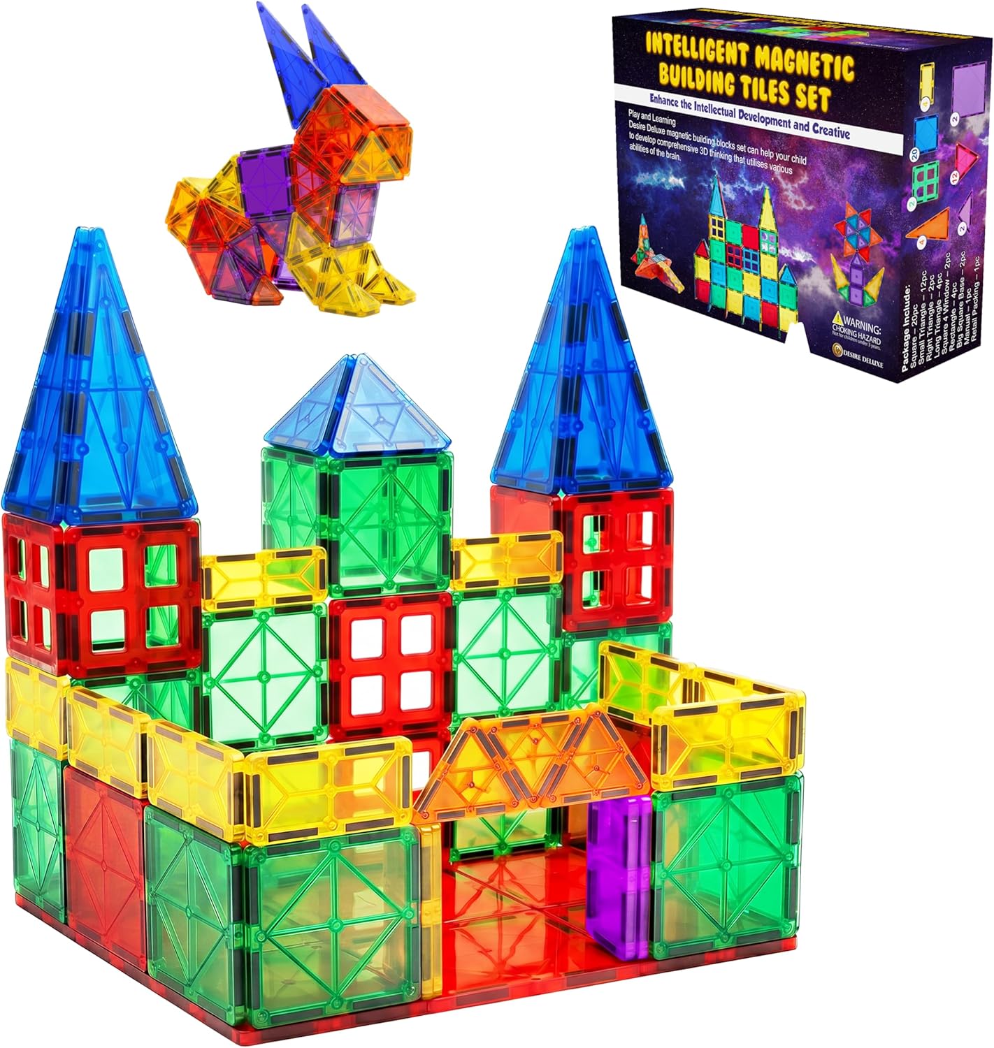 Desire Deluxe Magnetic Tiles Building Blocks Construction Toys for Boys & Girls 47pc – STEM Learning Educational Toy for Kids Age 3 4 5 6 7 8 Year Old Gift