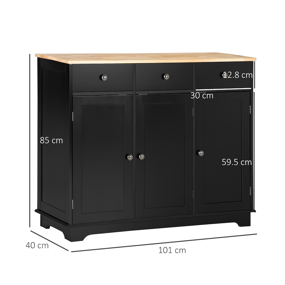 image 1 of HOMCOM Sideboard with Rubber Wood Top, Modern Storage Cabinet, Kitchen Cupboard with 3 Doors, 3 Drawers and 3 Adjustable Shelves for Dining Room, Living Room, Black | Black | Black